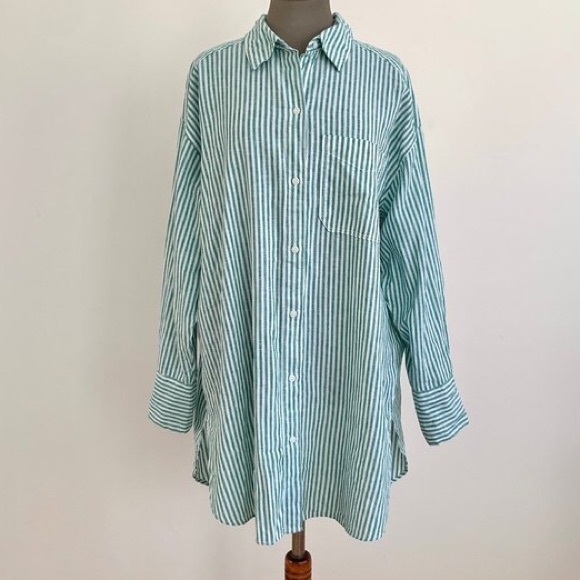 H&M Tops - H&M 100% Cotton Green and White Oversized Striped Button Down Shirt Size S